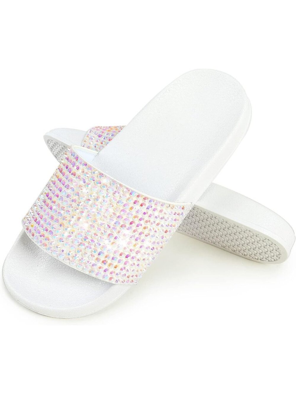 Women's White Slides House Slippers Rhinestone Glitter Slides Cute bling
